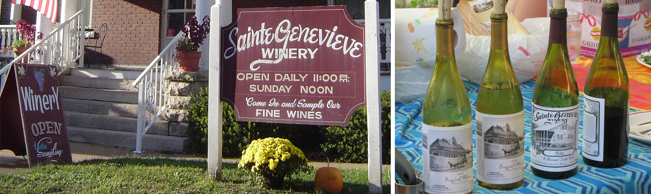 Sainte Genevieve WInery wine bottles and sign