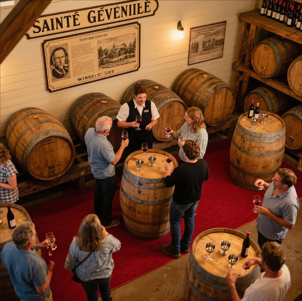 Wine glasses and bottles at Sainte Genevieve Winery in Missouri