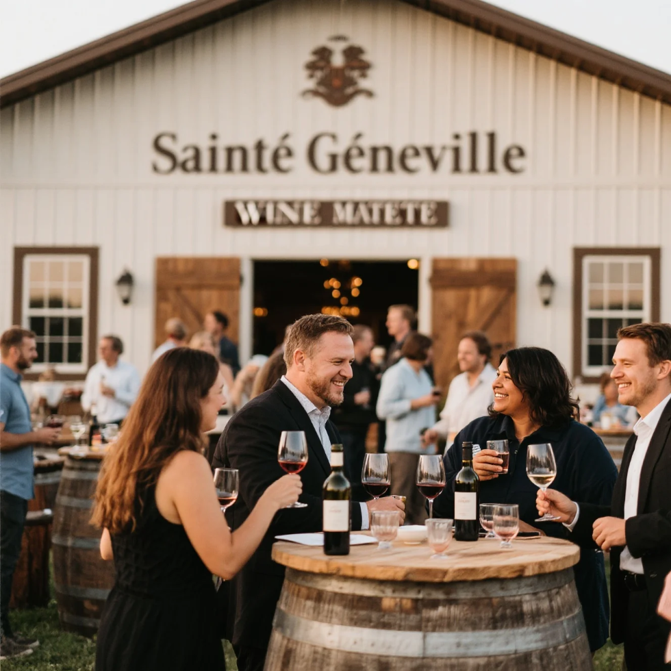Guests enjoying wine tastings and live events at Sainte Genevieve Winery vineyard