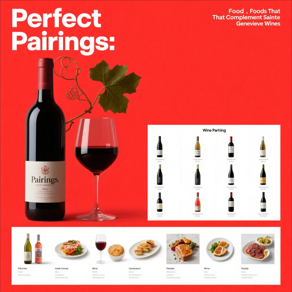 Selection of Sainte Genevieve wines paired with gourmet dishes