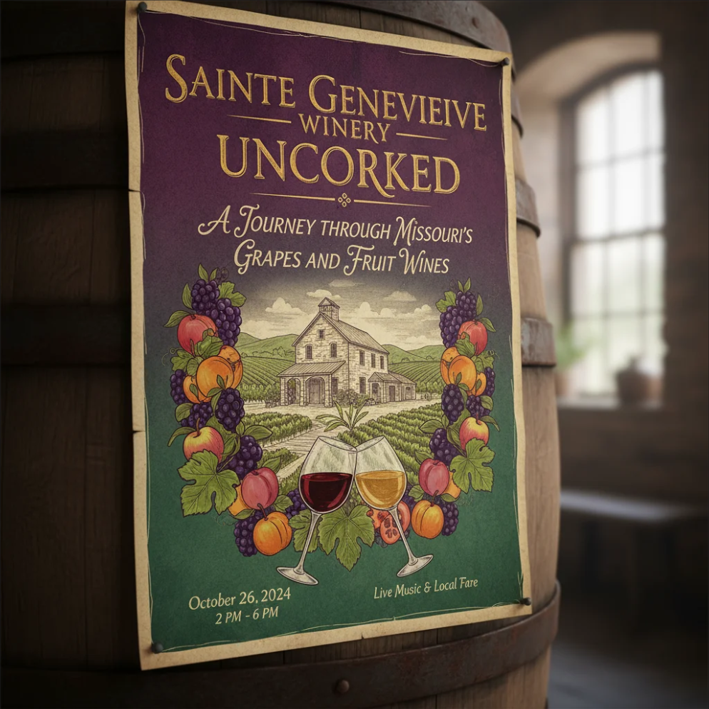 Sainte Genevieve Winery showcasing Missouri grape wines and fruit wines