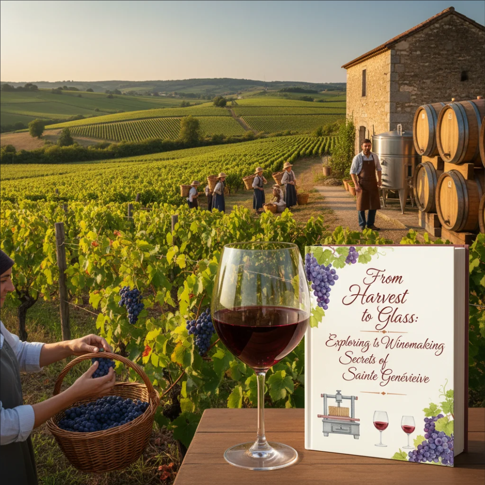 Lush vineyards of Sainte Genevieve during grape harvest