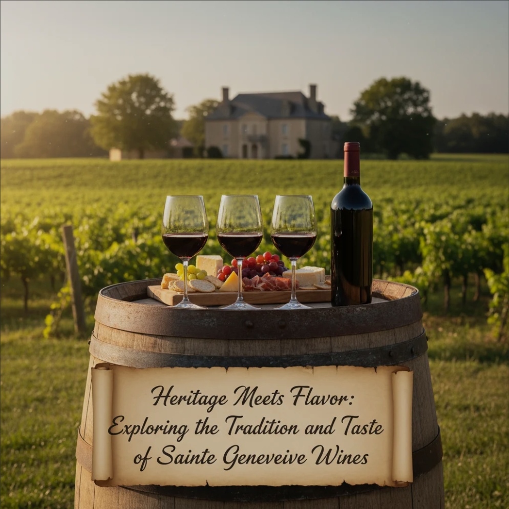 Vineyards of Sainte Genevieve with rows of grapevines, barrels, and a rustic winery, showcasing the heritage and flavor of the region’s wines.