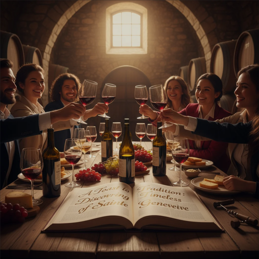 Vineyards of Sainte Genevieve with wine bottles and glasses in the foreground, showcasing the region’s timeless wine tradition.
