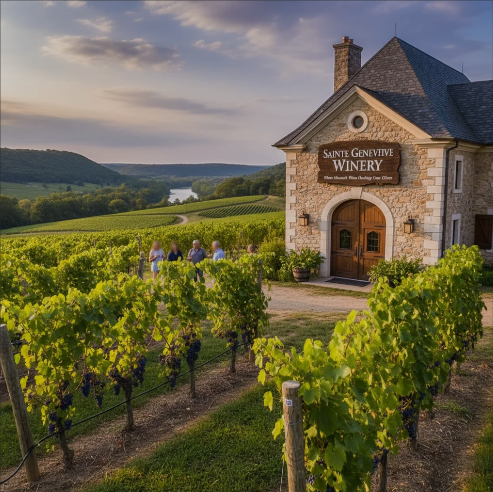 Vineyard at Sainte Genevieve Winery in Missouri with lush grapevines and tasting area