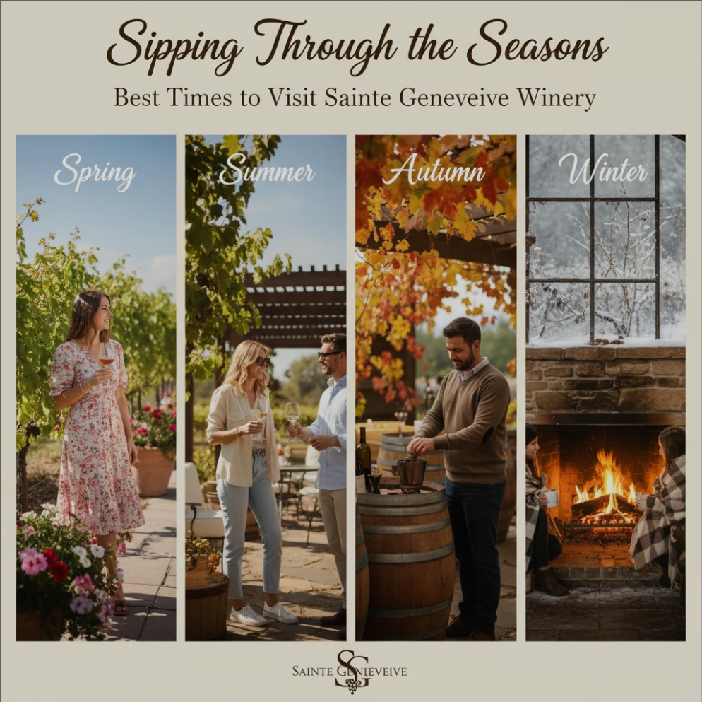 Scenic view of Sainte Genevieve Winery vineyards during sunset, highlighting seasonal beauty