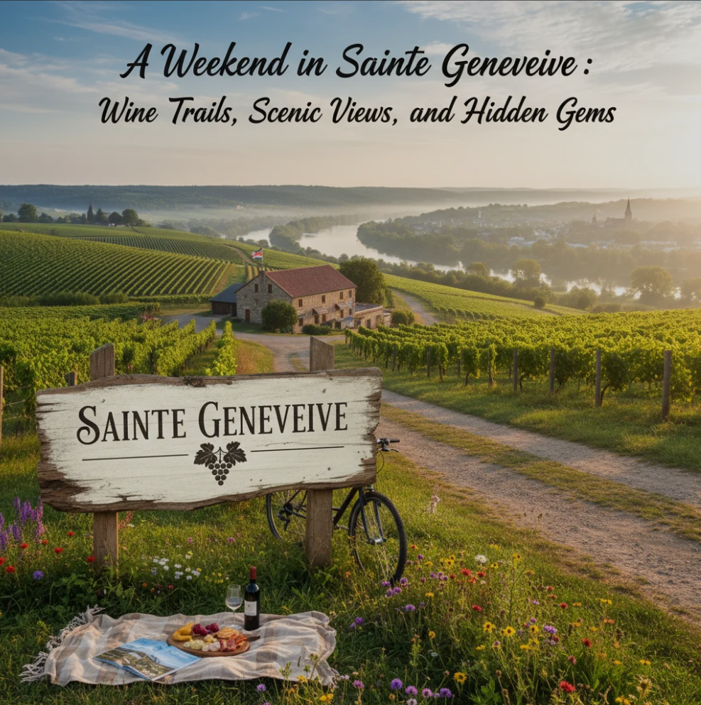 Visitors enjoying wine tasting at Sainte Genevieve winery with scenic vineyard views