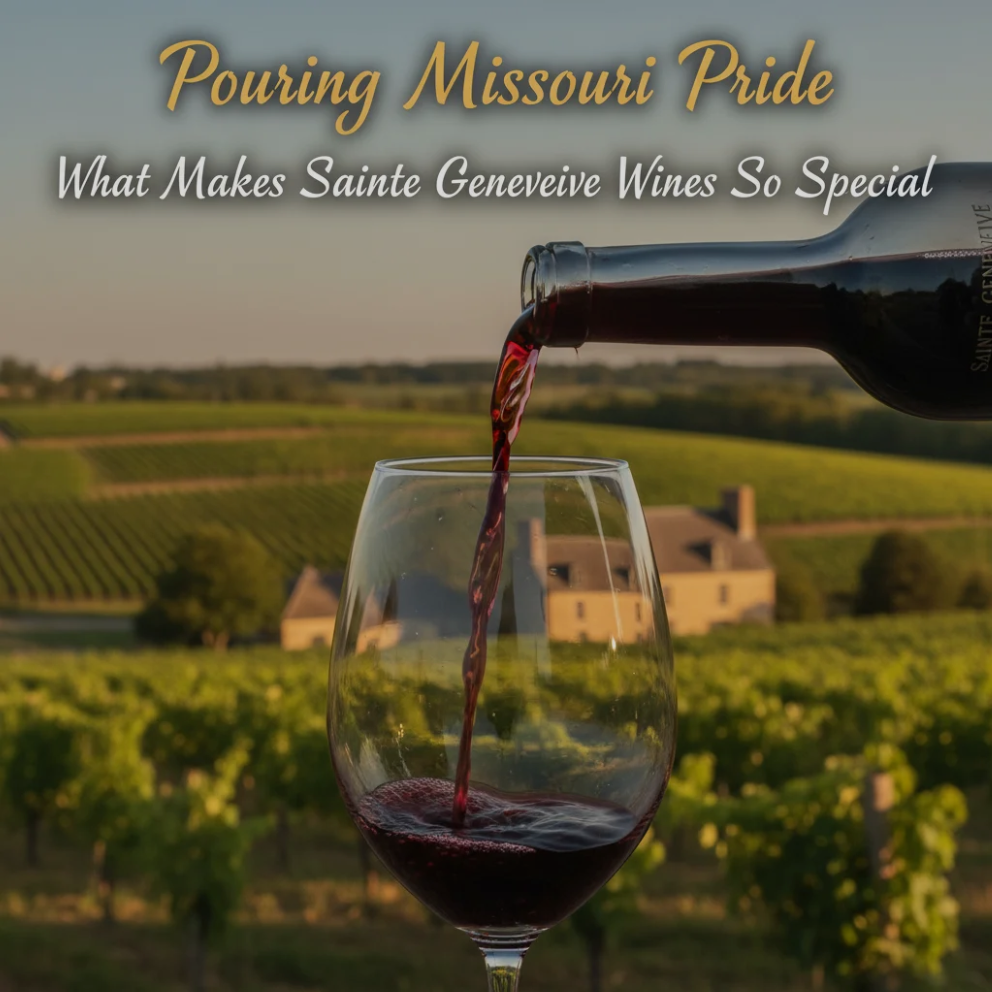 A glass of Sainte Genevieve wine with Missouri vineyard in the background.