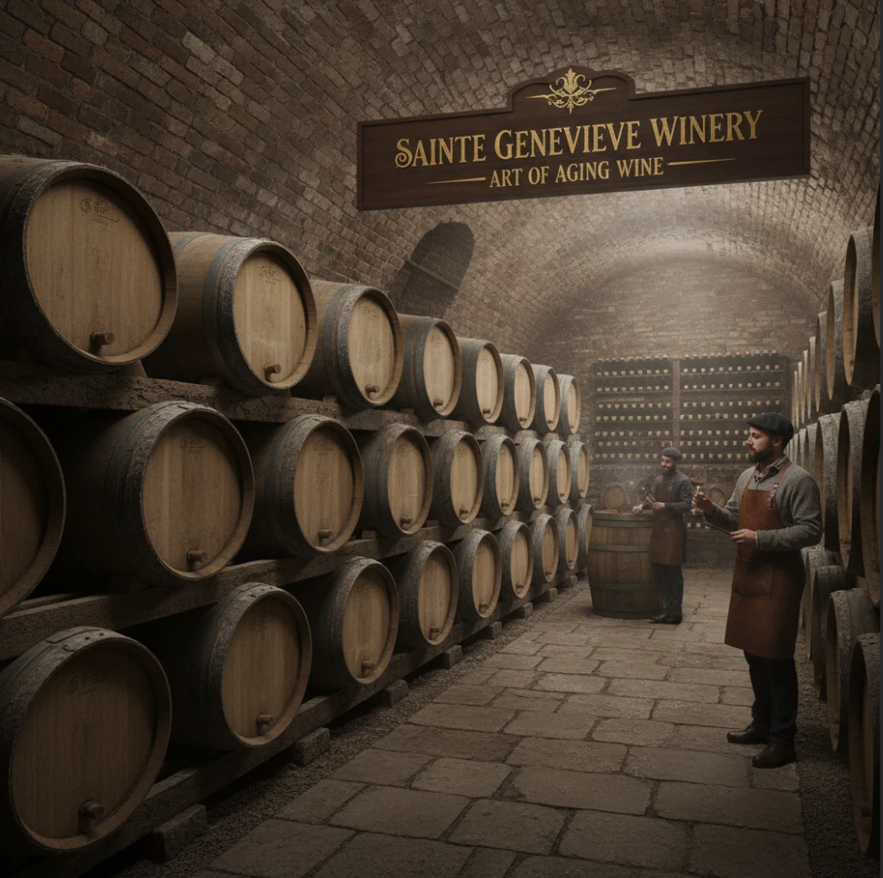 Barrels of wine aging inside Sainte Genevieve Winery’s cellar