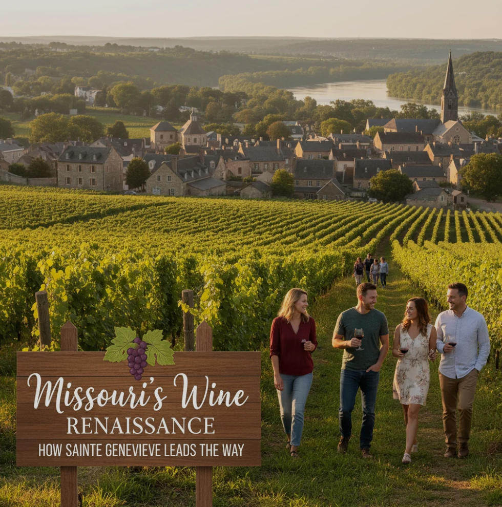 Vineyards in Sainte Genevieve, Missouri with rows of grapevines under a sunset sky