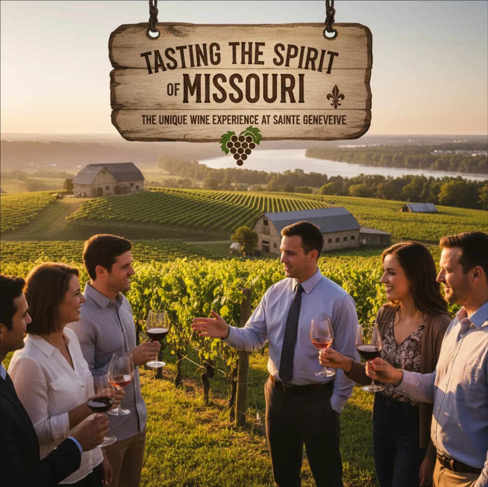 Scenic vineyard landscape at Sainte Genevieve during sunset