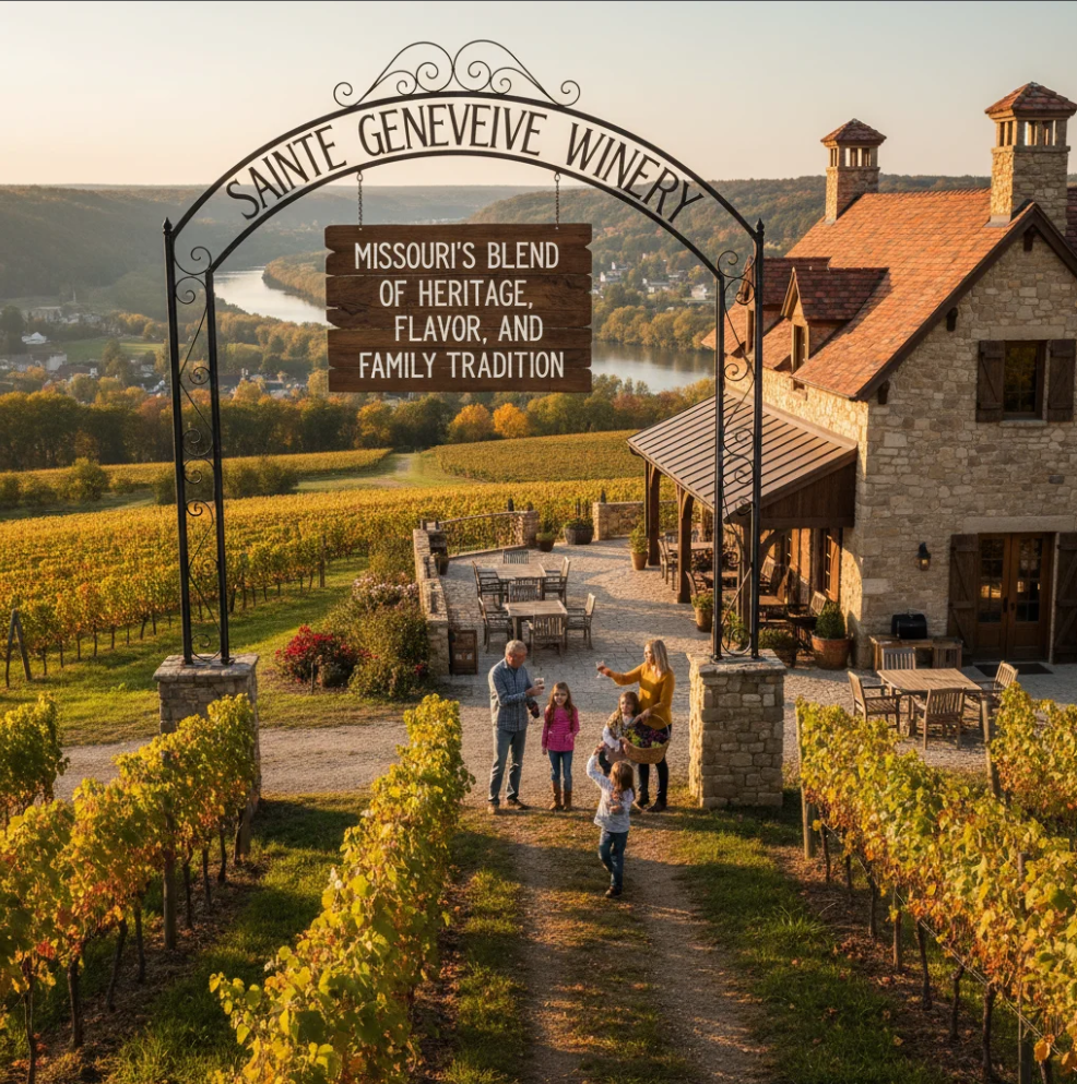 Rolling vineyards at Sainte Genevieve Winery in Missouri showcasing scenic heritage
