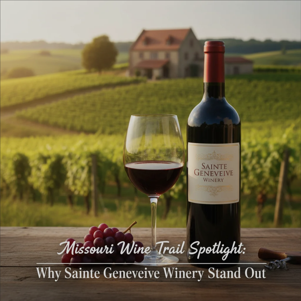 Scenic view of Sainte Genevieve Winery vineyards in Missouri with rows of grapevines, rustic winery buildings, and visitors enjoying wine tasting on a sunny day.