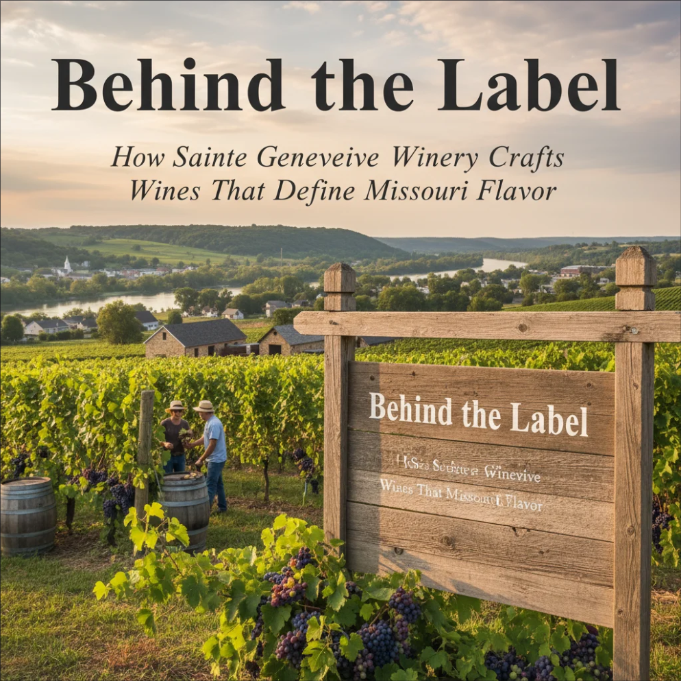 Sainte Genevieve Winery bottle and vineyard showcasing Missouri flavor and tradition.