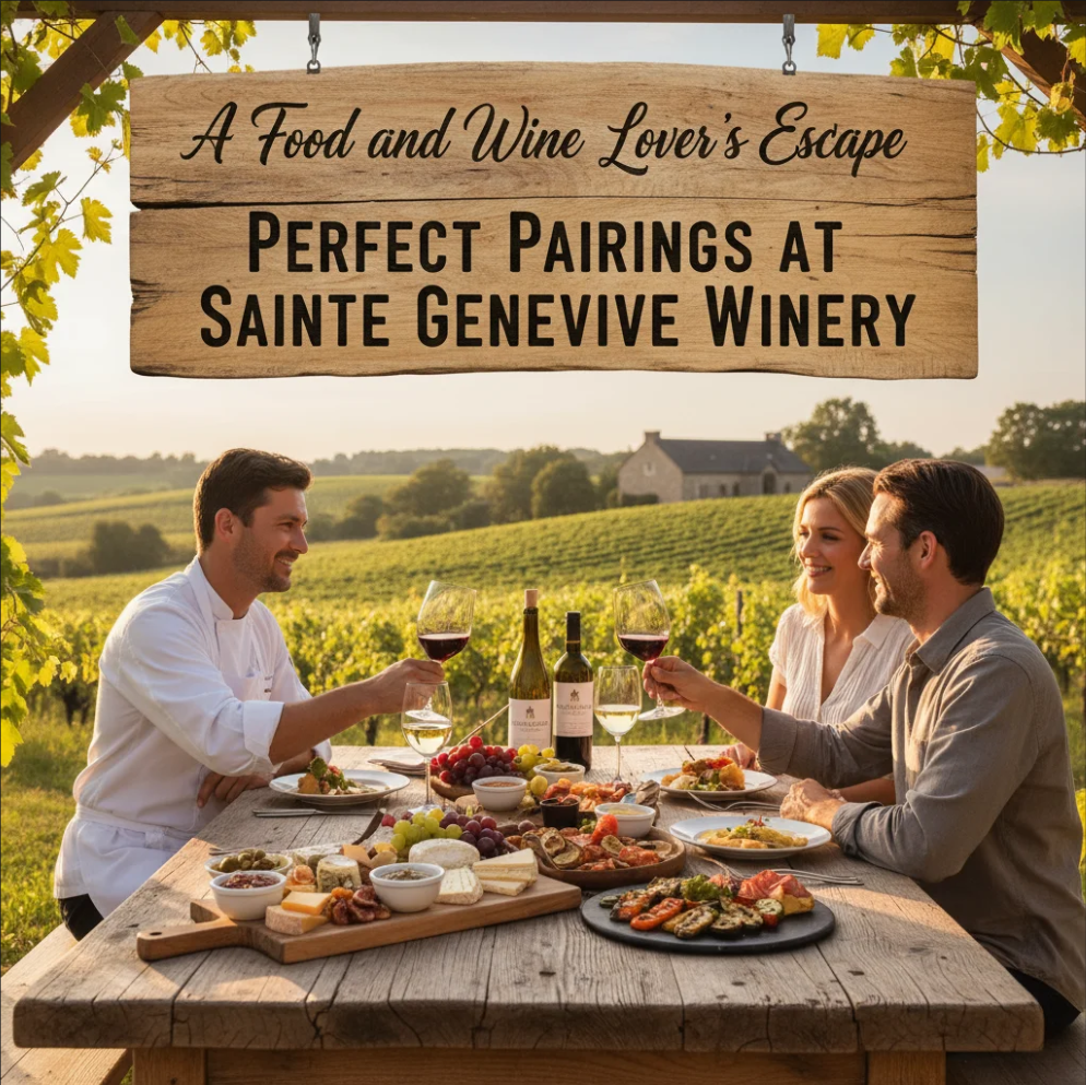 Food and wine pairings at Sainte Genevieve Winery with scenic vineyard views.