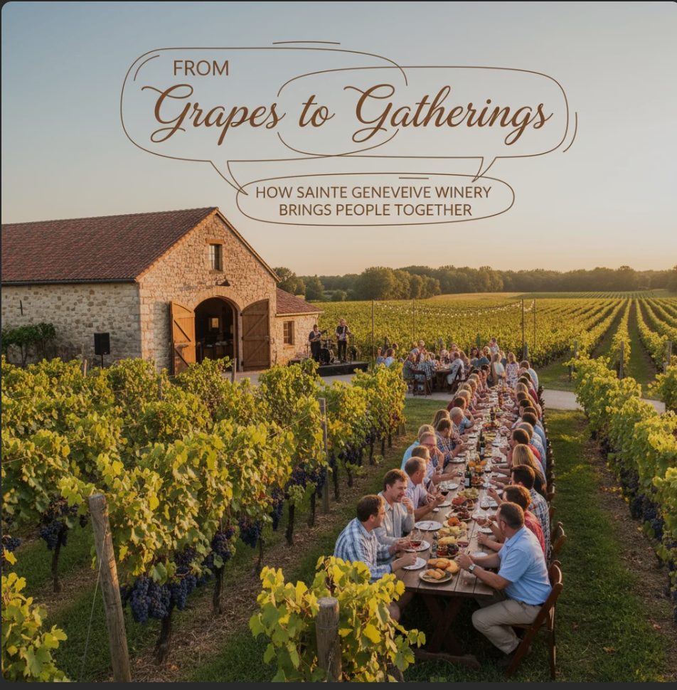 Guests enjoying wine tasting at Sainte Genevieve Winery surrounded by vineyards and evening sunlight
