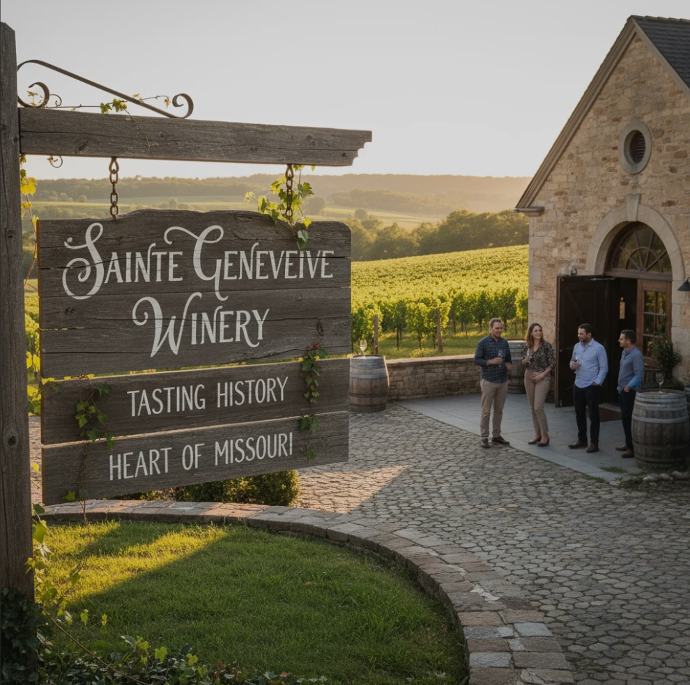 A scenic view of Sainte Genevieve Winery vineyards with tasting tables set against a historic building backdrop.
