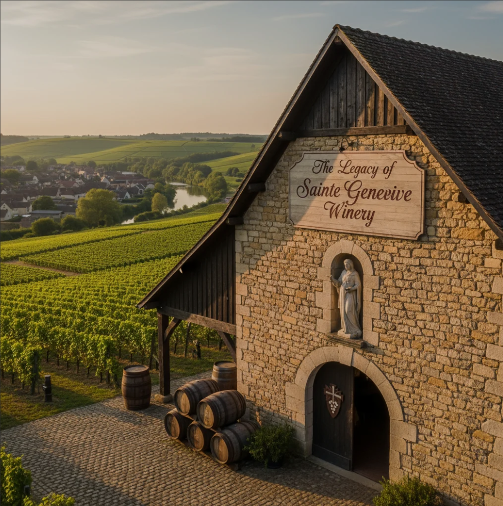 Rows of grapevines at Sainte Genevieve Winery with a family harvesting grapes.