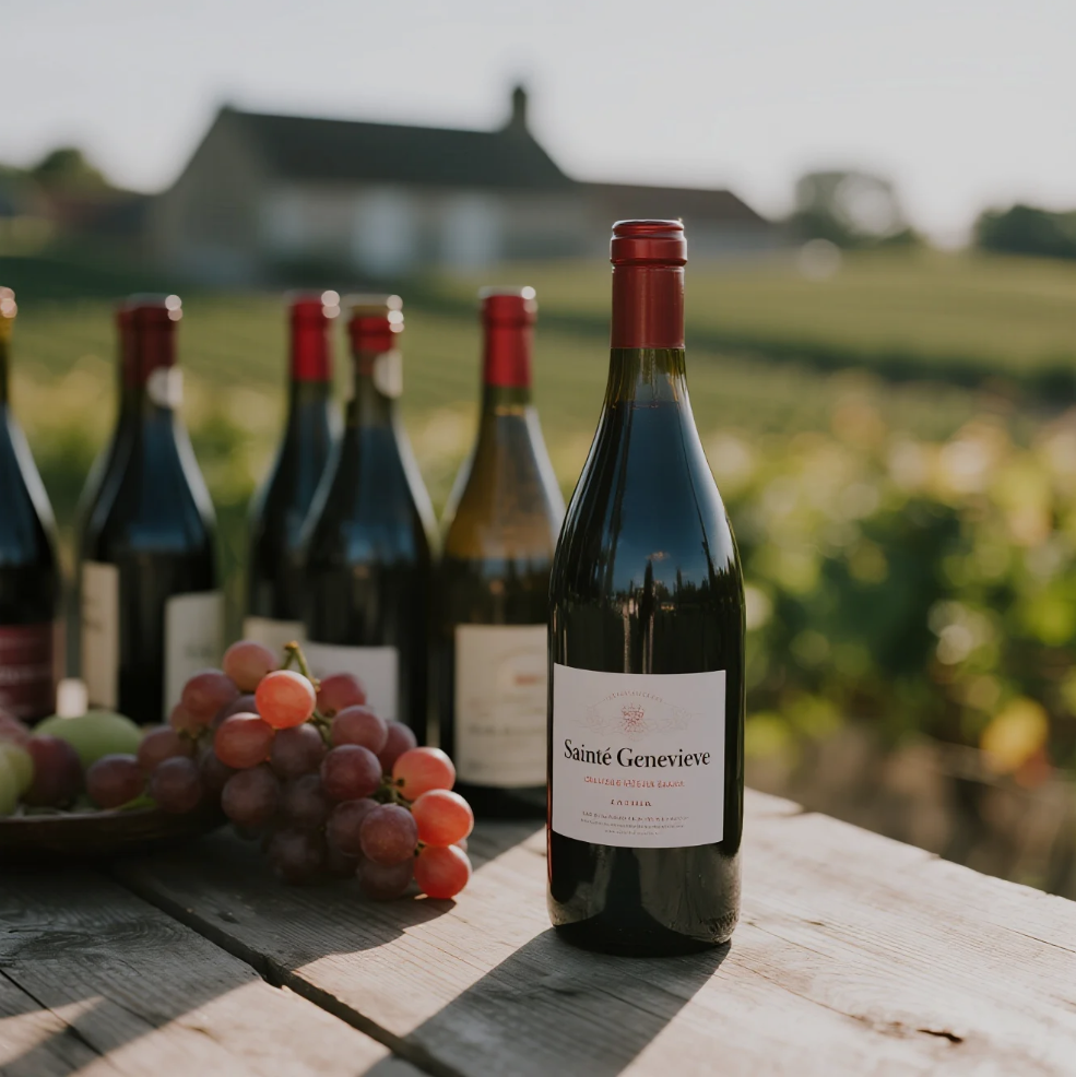 Rows of grapevines at Sainte Genevieve Winery with barrels of wine in the background