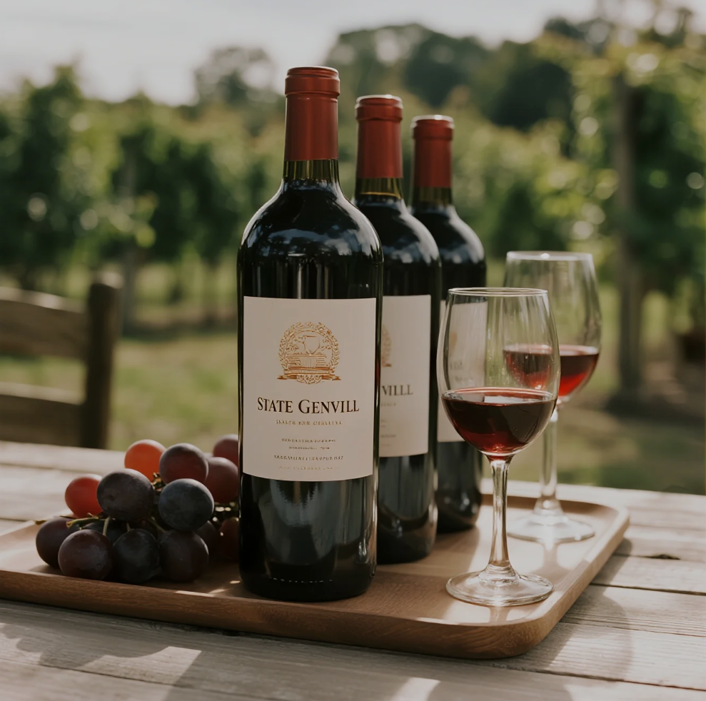 Rows of grapevines at Sainte Genevieve Winery with tasting area in the background