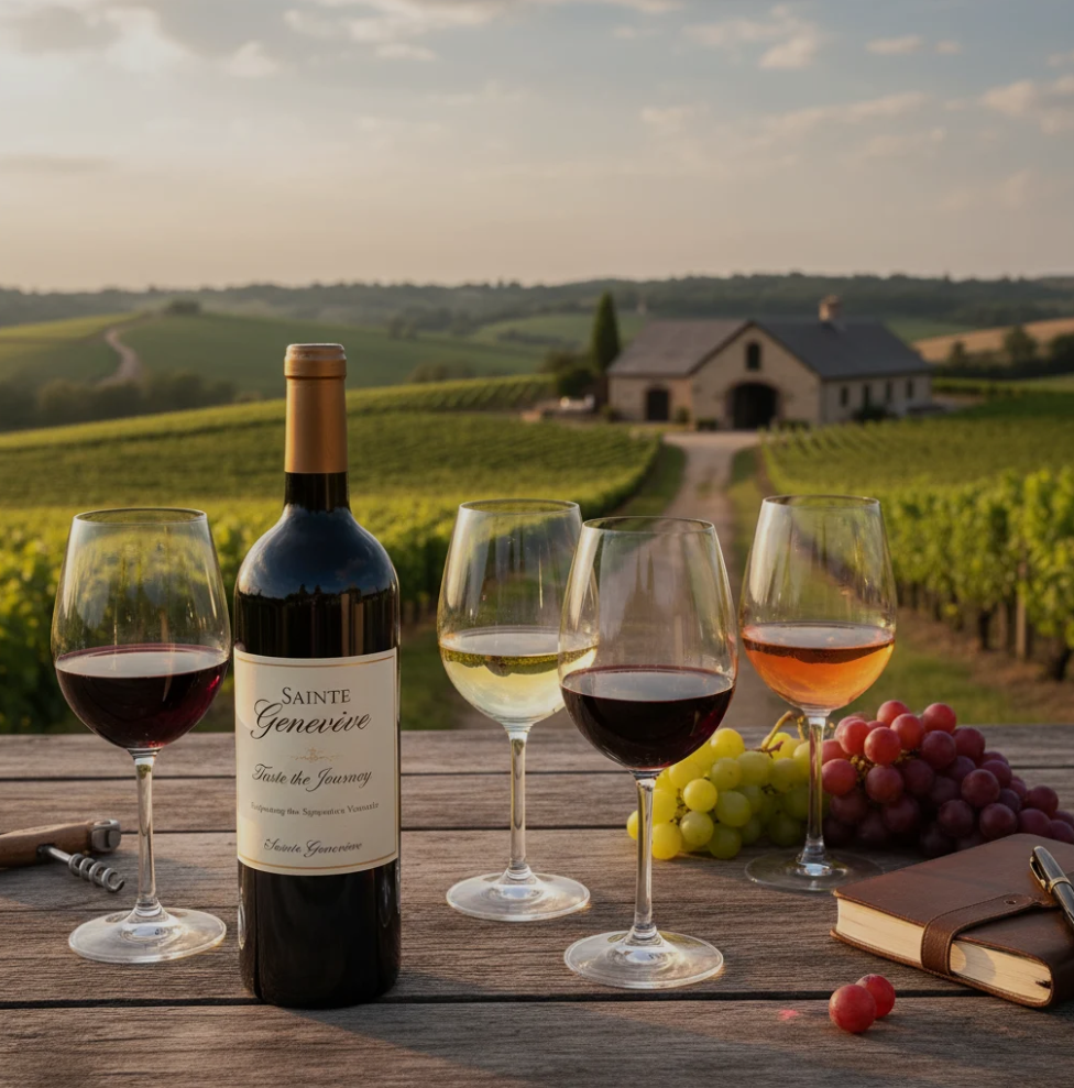 Wine glasses filled with red and white varietals at Sainte Genevieve Winery with vineyard in the background