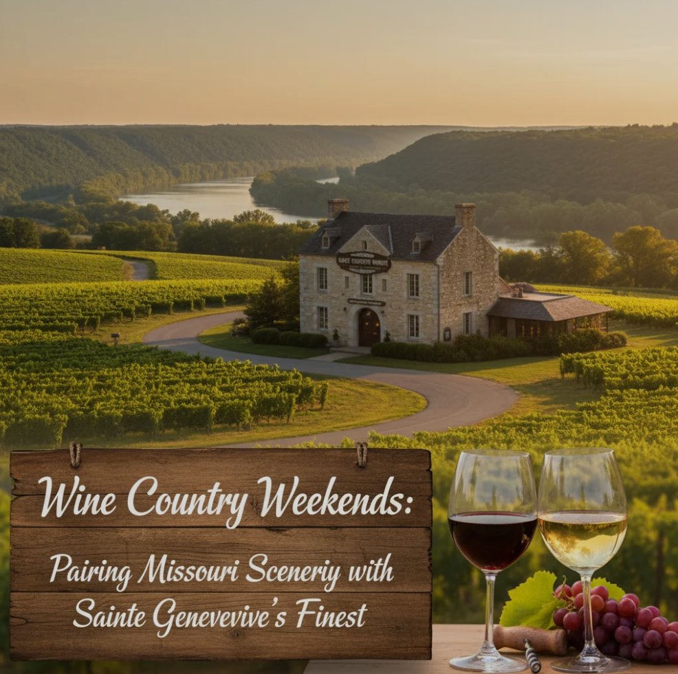 Vineyards in Sainte Genevieve, Missouri, with rolling hills and a wine tasting setup