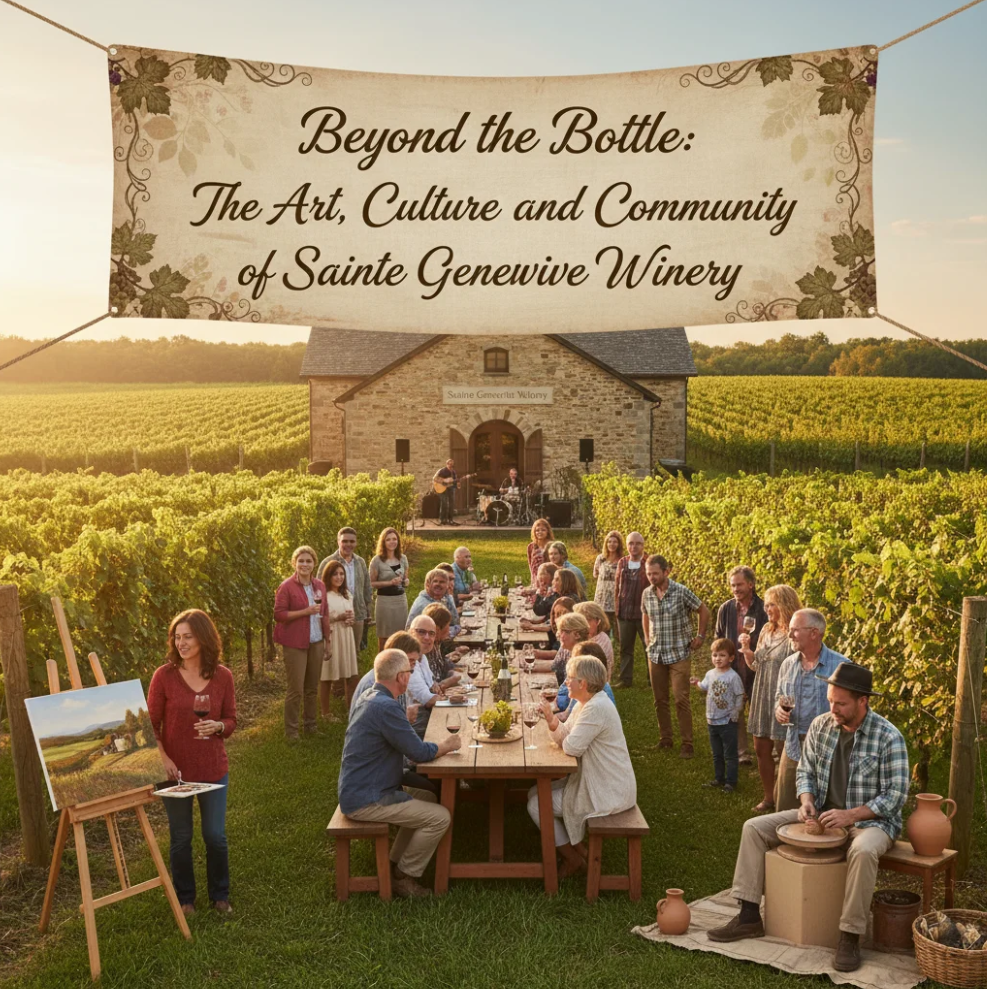 Sainte Genevieve Winery vineyard with rows of grapevines under golden sunlight, showcasing winery buildings and tasting area