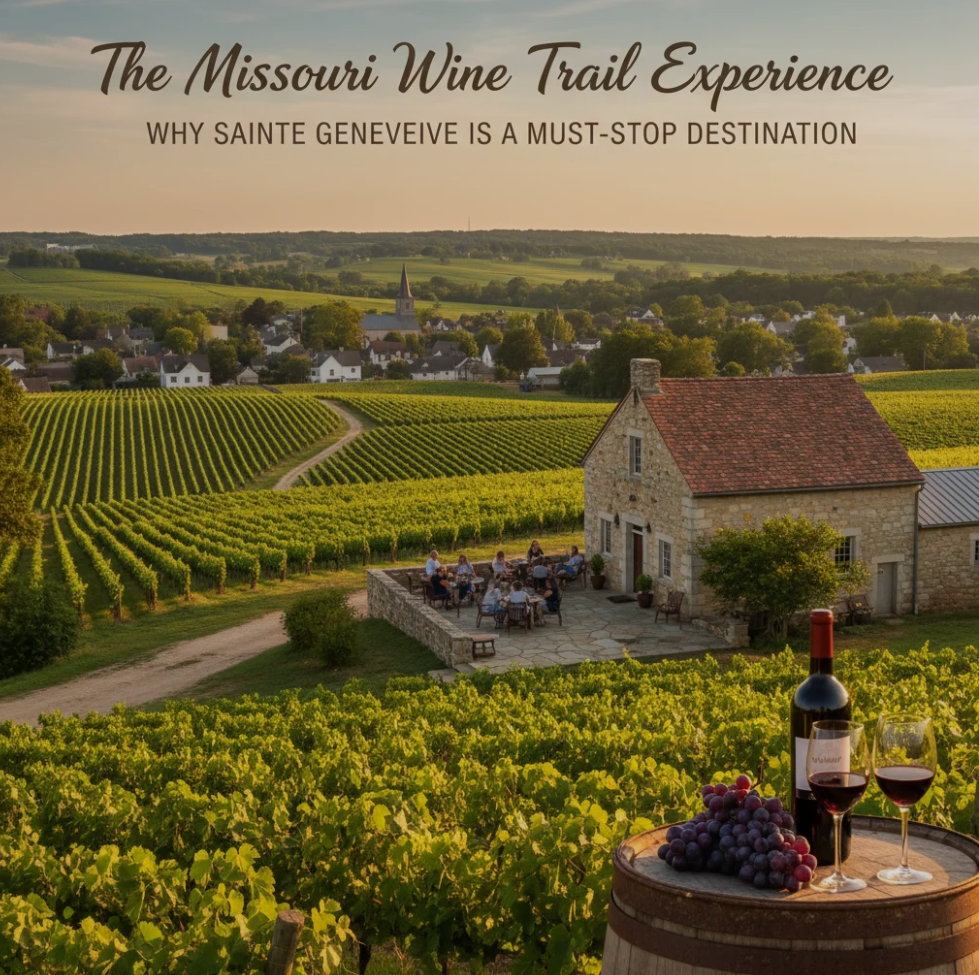 Scenic vineyard in Sainte Genevieve, Missouri with rolling hills and wine tasting tables under a sunny sky