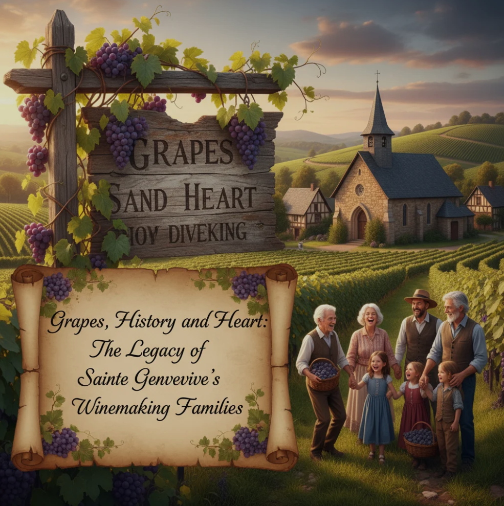 Historic vineyards in Sainte Genevieve with generations of winemakers tending grapevines under a golden sunset