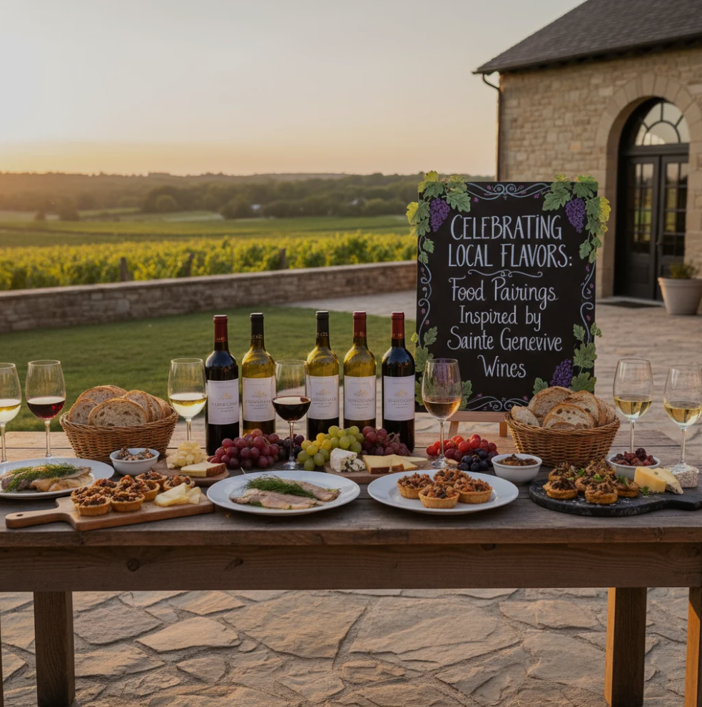 A table with Sainte Genevieve wines, artisanal cheeses, charcuterie, and fresh seasonal ingredients, representing local wine and food pairings.