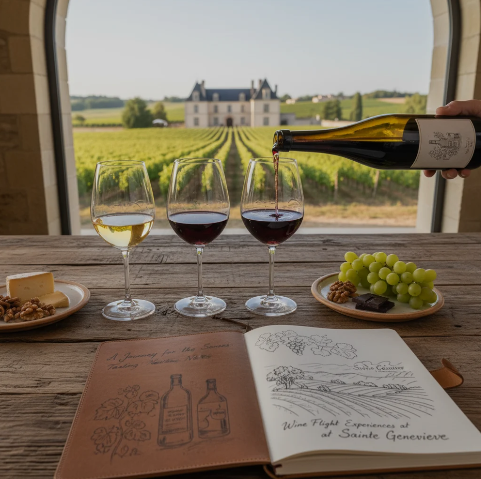 A wooden flight board displaying multiple glasses of Sainte Genevieve wines, surrounded by fresh fruits and artisanal snacks for a sensory tasting experience.