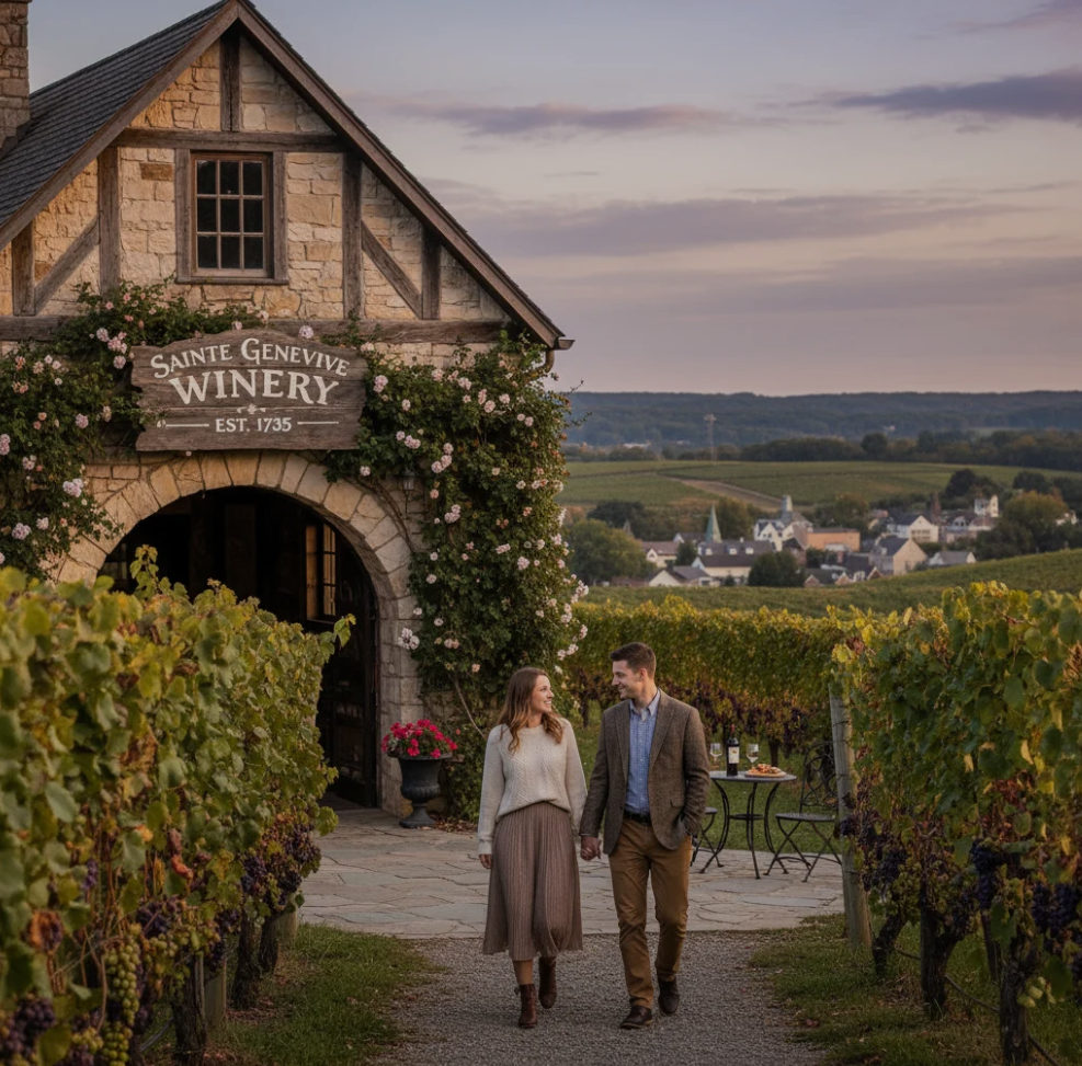 Couple enjoying wine tasting at Sainte Genevieve Winery with scenic Missouri vineyards in the background