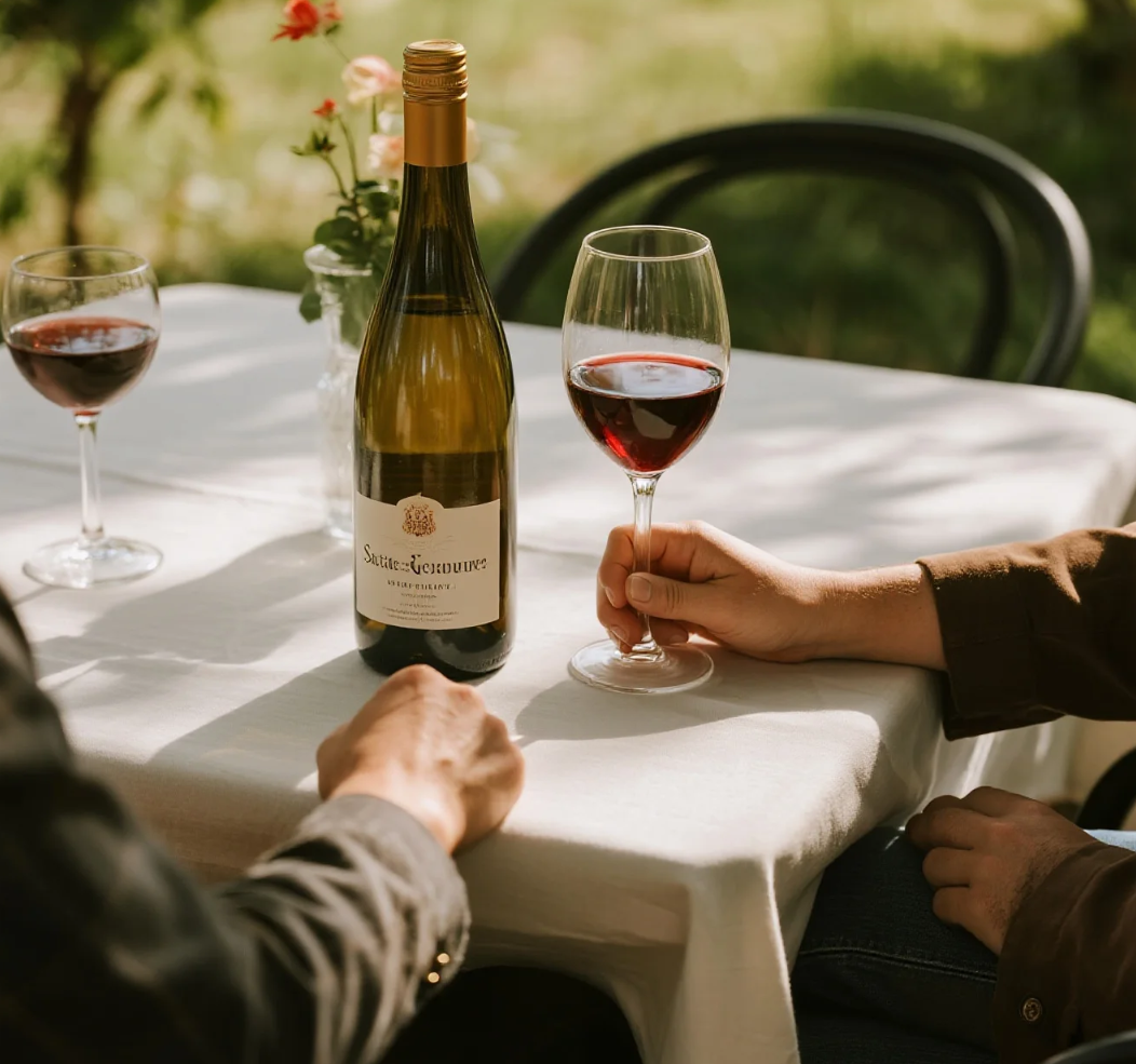 Rows of Sainte Genevieve vineyards and elegant wine bottles showcasing traditional winemaking