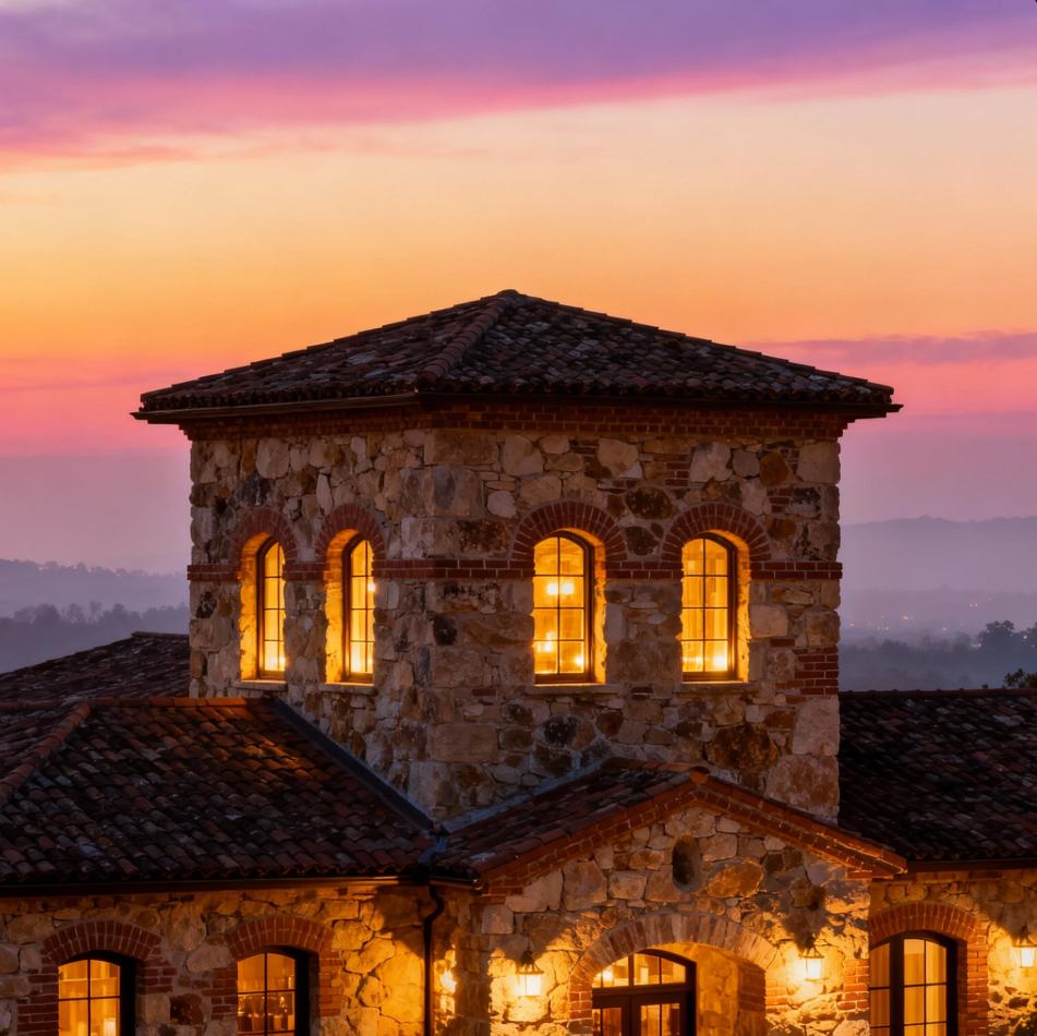 Sainte Genevieve Winery vineyard with sunset backdrop