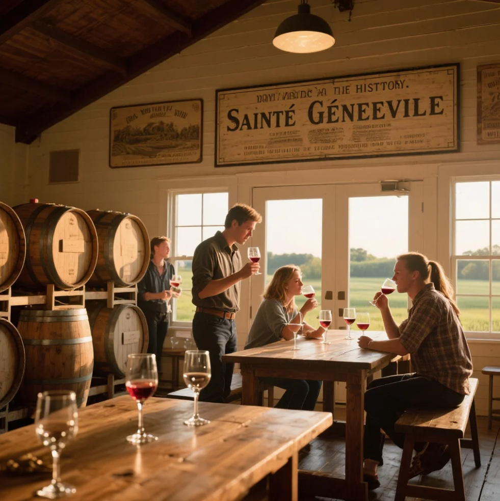 A historic Missouri winery surrounded by vineyards, featuring wine barrels and French-inspired architecture