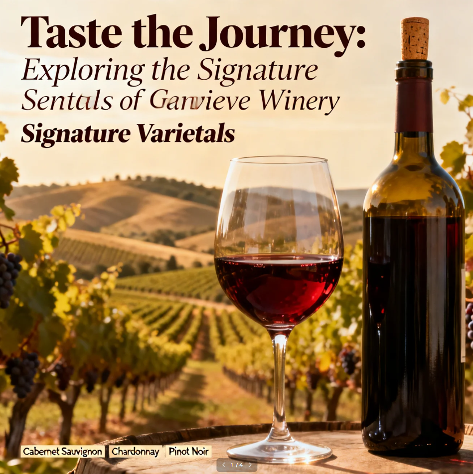 Signature varietals of Sainte Genevieve Winery including red, white, and rosé wines in vineyard setting