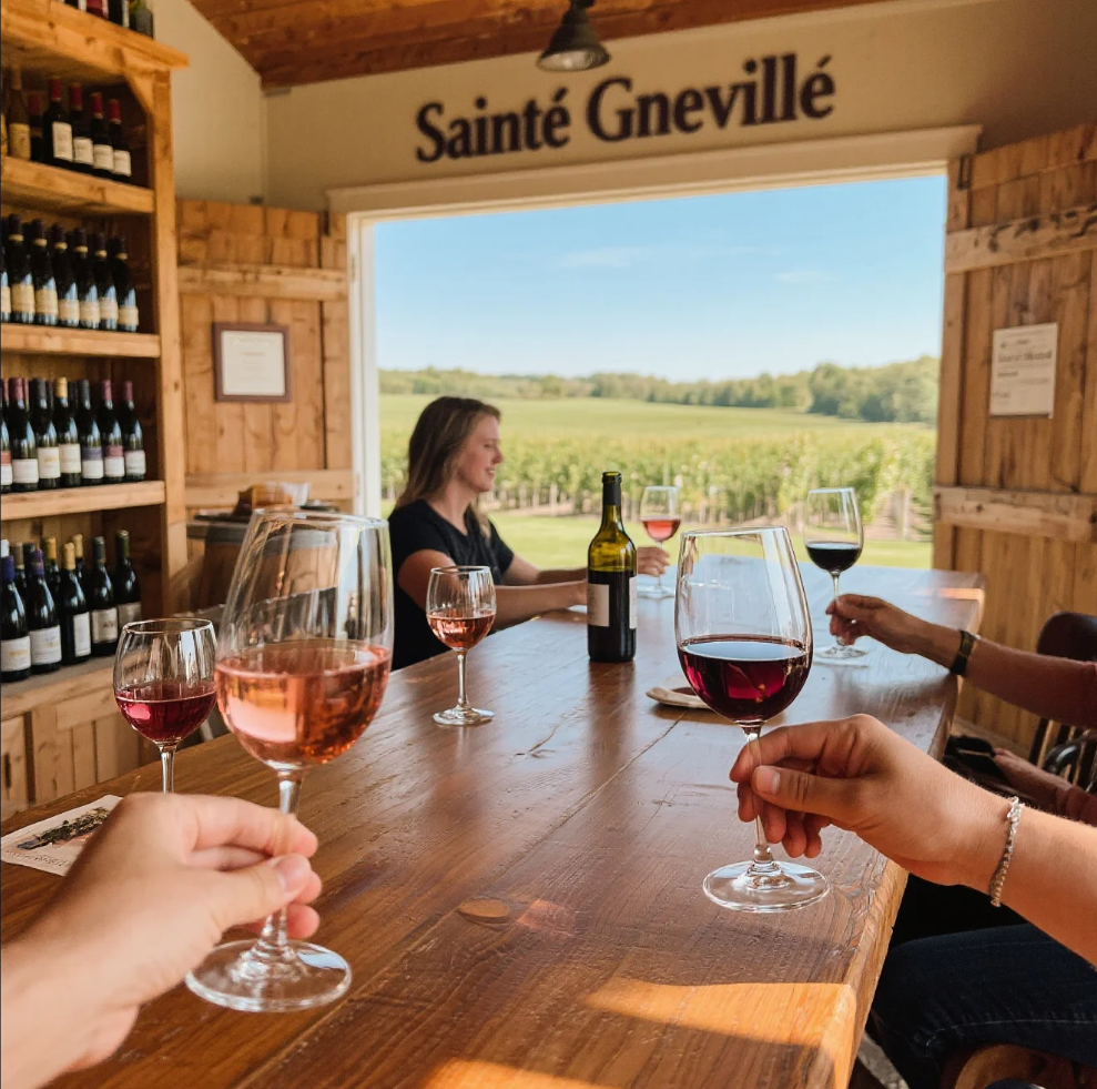 Visitors enjoying wine tasting at Sainte Genevieve Winery with scenic Missouri vineyard backdrop
