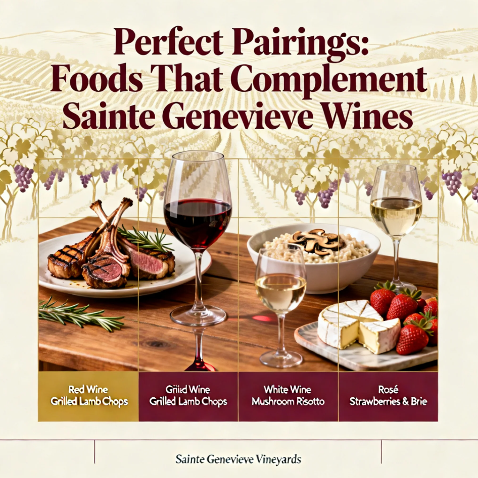 Glass of Sainte Genevieve wine with a plate of cheeses, fruits, and charcuterie on a wooden table