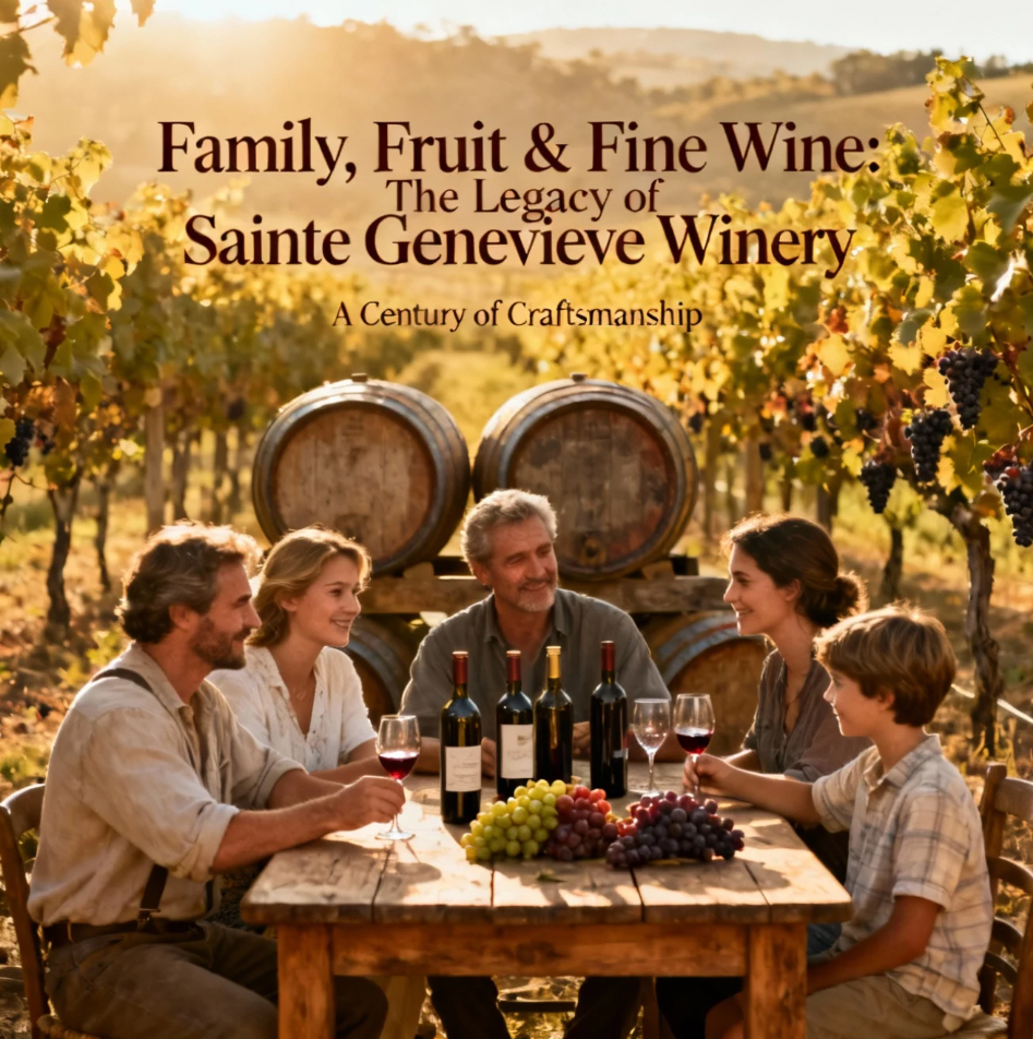 Vineyard landscape at Sainte Genevieve Winery showcasing grapes and wine barrels