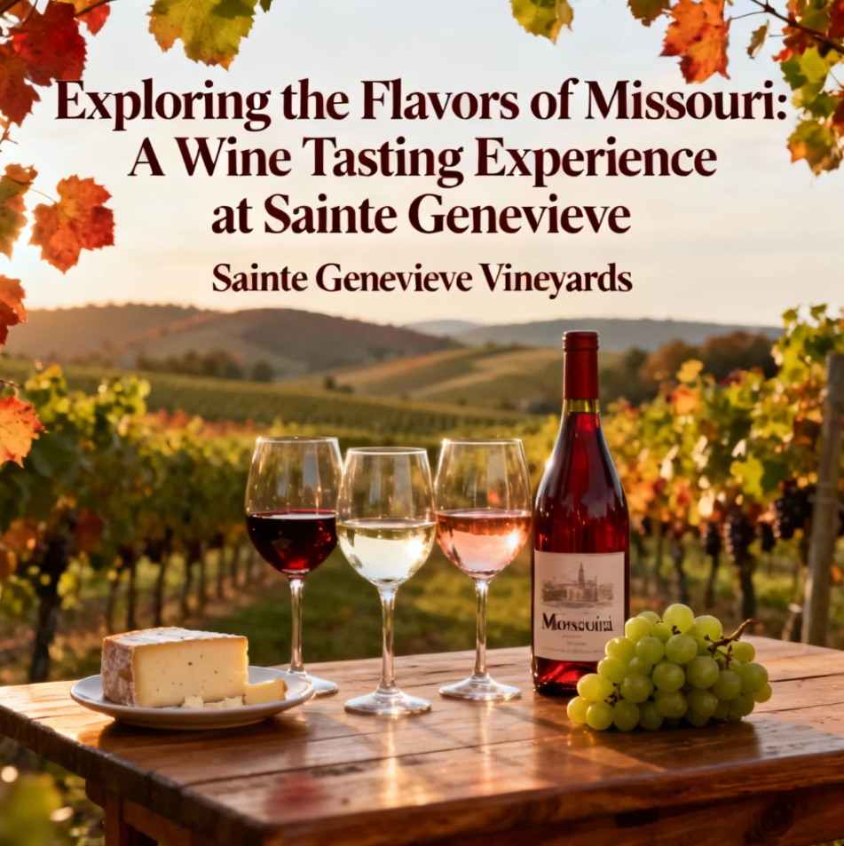 Wine tasting at Sainte Genevieve Missouri with scenic vineyard views