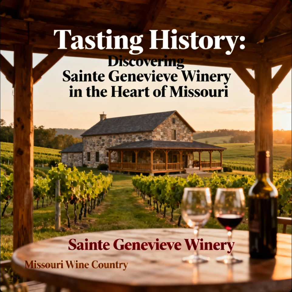 Vineyard and tasting room at Sainte Genevieve Winery, Missouri, with wine glasses and barrels